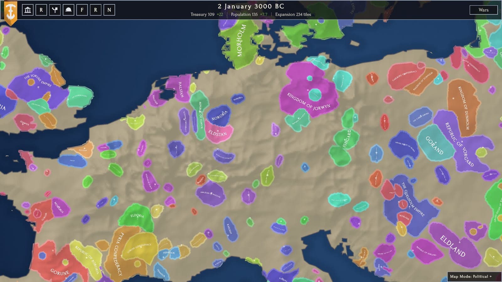The political map at world scale, every nation shaded a different colour
