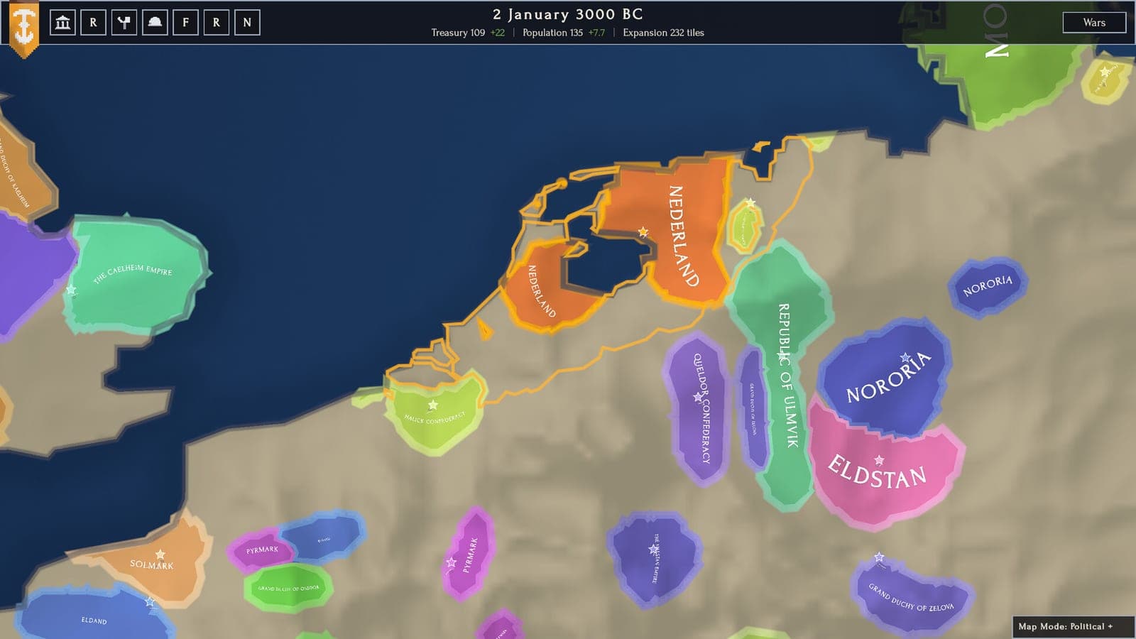 The political map zoomed in, showing named nations and duchies along a coastline