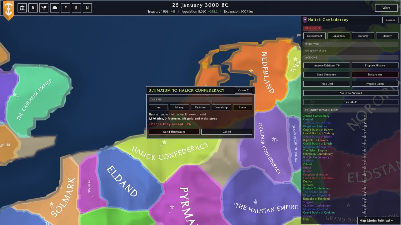 An ultimatum window demanding land, money, factories, vassalship or annexation