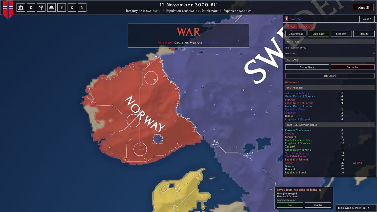 A war declaration banner over the map, beside a list of how each nation sees you