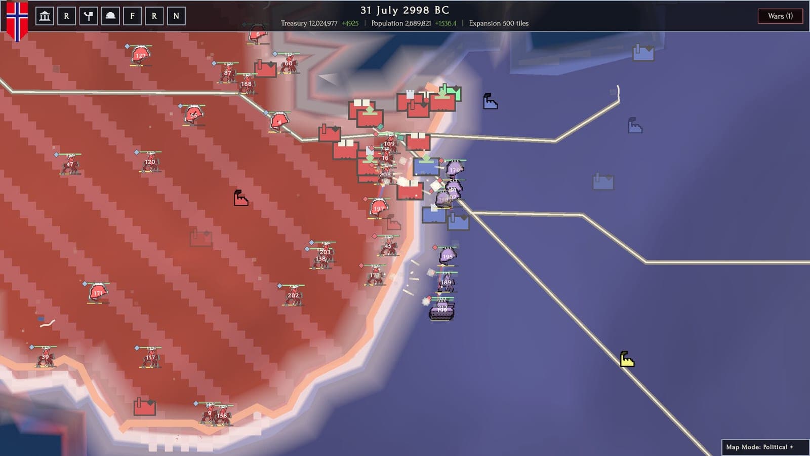 Divisions and factories massed along a contested coastline mid-battle